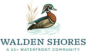Illustration of a wood duck swimming near grass, above the text "WALDEN SHORES - A 55+ WATERFRONT COMMUNITY.